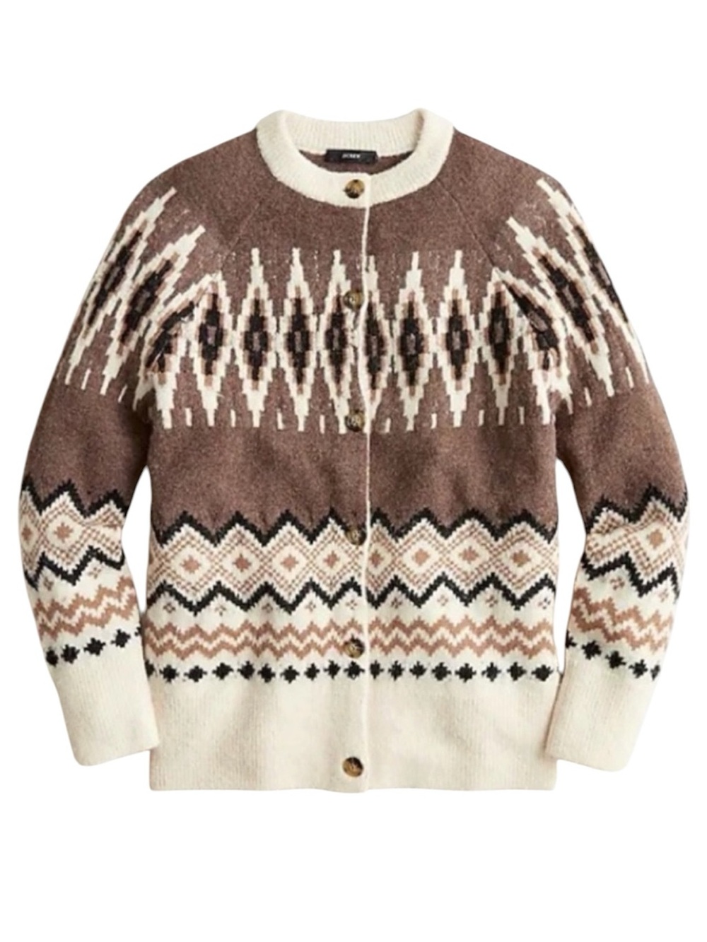 J. Crew Sweater Wool Blend Fair Isle Cardigan M Brown Cream Relaxed Fit Fall